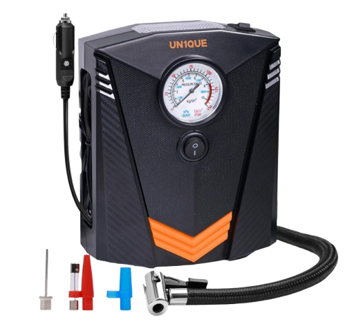 UN1QUE 12V DC portable air compressor with turbocharged motor and extra long cable reach