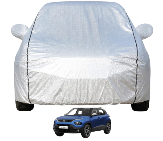 Pivalo 110 GSM silver reflective car body cover installed on a Tata Punch Adventure variant.