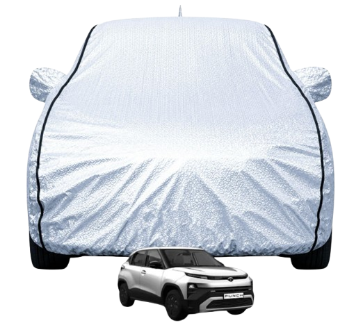 FABTEC metallic silver waterproof car cover with custom side mirror pockets and black piping detailing.