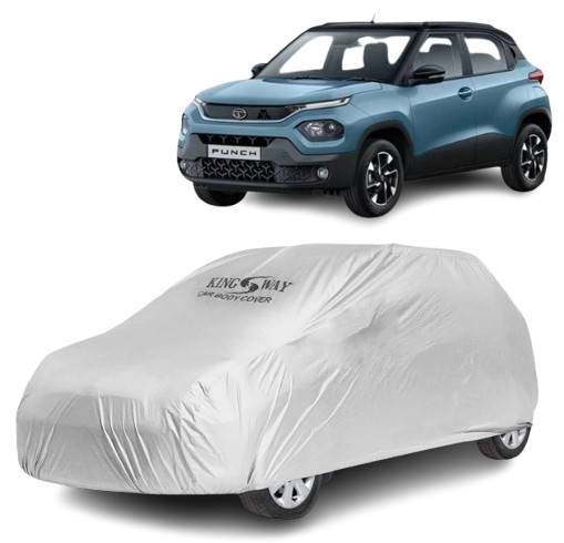 Kingsway lightweight silver matty dustproof car body cover with front and rear bumper elastic grips.