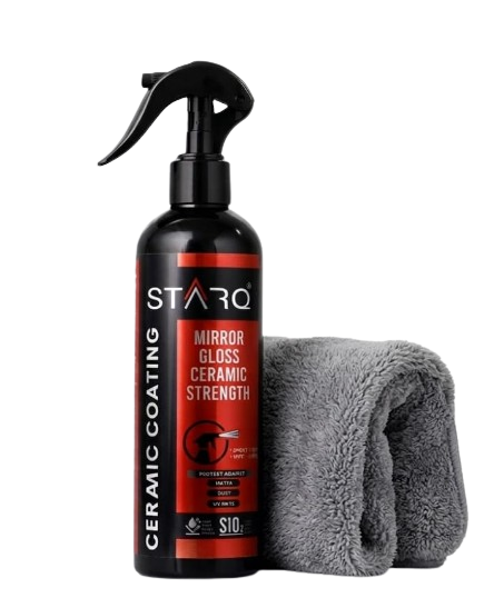 STARQ Ceramic Coating Spray 400ml spray bottle alongside a thick 600 GSM microfiber buffing cloth