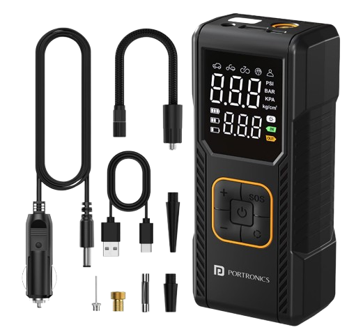 Portronics Vayu 9.0 portable digital car tyre inflator showing the bright blue LED screen pressure layout