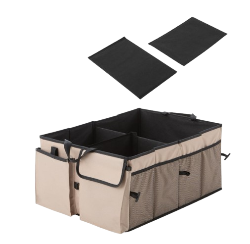 Amazon Basics foldable beige 600D Oxford fabric car boot organizer storage box with a removable flip lid