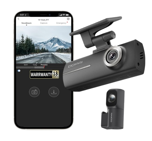 DDPAI N1 dual channel front and rear car dash camera kit with windshield mount brackets and power supply cables