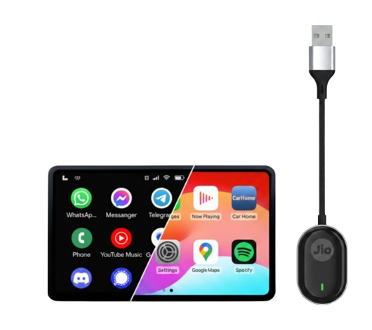 JioCarSync premium metal unibody wireless adapter plugged into a car dashboard USB port