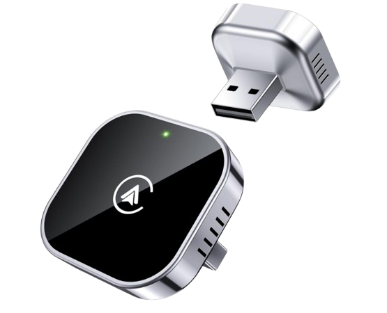 Teeran 2-in-1 wireless CarPlay and Android Auto adapter with metal cooling edges on a car center console