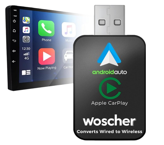 Woscher Airlink 2-in-1 wireless car adapter connected to a vehicle infotainment screen