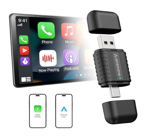 Ambrane 2-in-1 wireless adapter with Wi-Fi 6 next to a car gear shifter