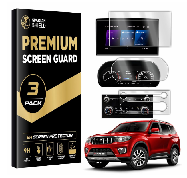 Crystal-clear 9H hardness glossy screen protectors seamlessly applied over the central infotainment screen, instrument cluster, and AC control panel of a modern car dashboard.