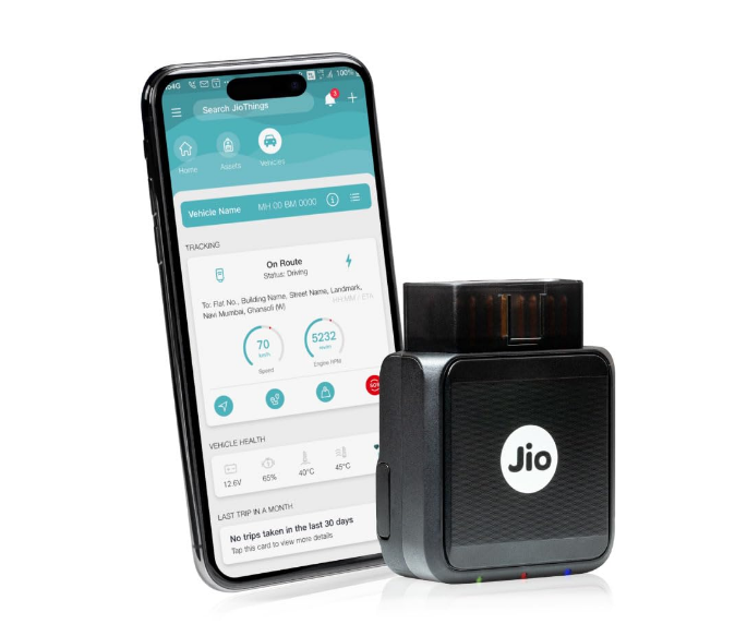 JioMotive OBD 4G GPS tracker and in car Wi-Fi router device plugged into vehicle OBD port