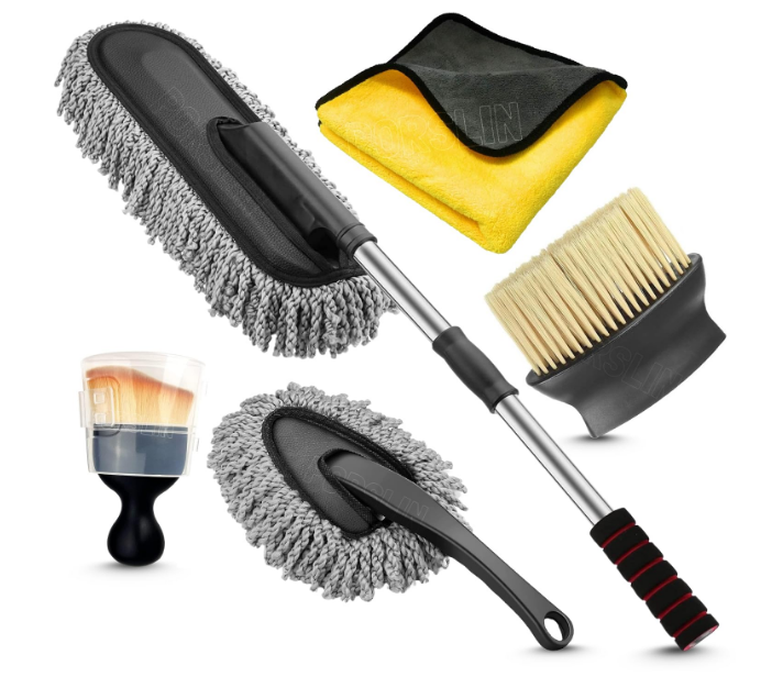 Porslin grey car duster kit showing the large extendable exterior brush and compact interior detailing duster