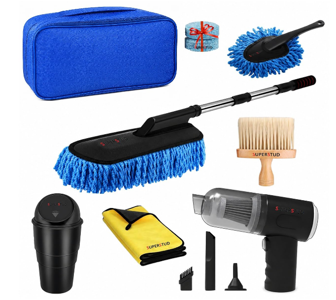 Superstud 6 piece car cleaning kit featuring a blue microfiber duster, portable USB vacuum, and mini dustbin