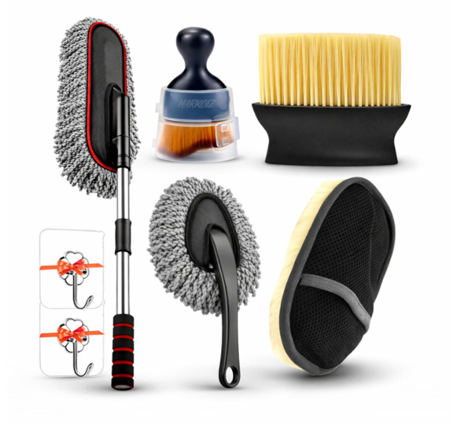 6 in 1 car detailing brush combo showcasing a telescopic microfiber head and soft nylon interior brushes