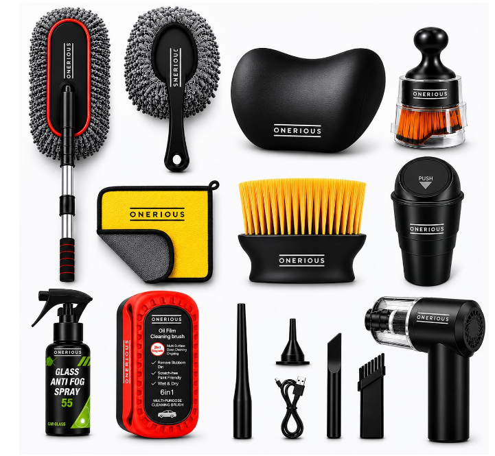 Large 10 piece car cleaning kit including a portable vacuum, car duster, microfiber cloths, and a memory foam neck pillow