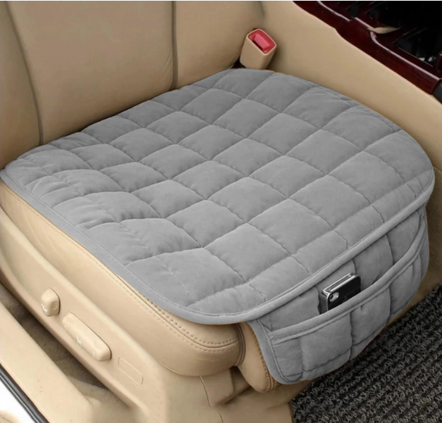 HSR universal grey memory foam car seat cover with premium plush stitched fabric texture and lower storage pocket