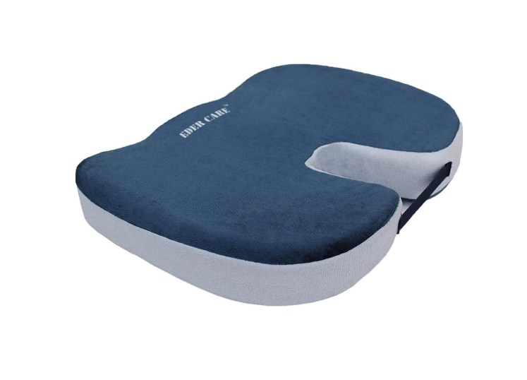 Eder Care blue orthopedic seat cushion showing ergonomic U-shaped coccyx cutout for tailbone pain relief