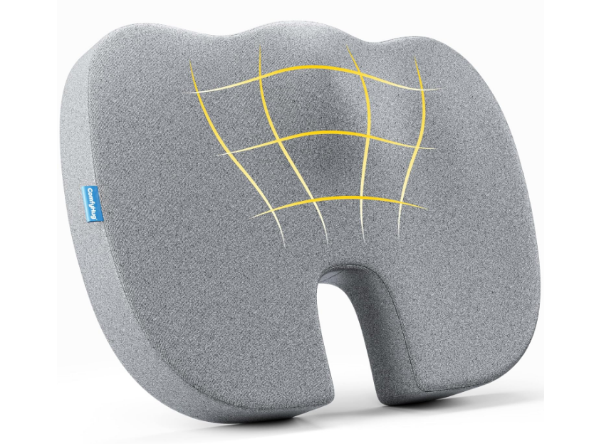 ComfyHug grey memory foam orthopedic chair pad with non-slip base and moisture-wicking mesh cover fabric