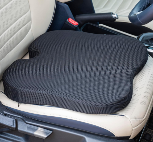 Fovera black gel infused memory foam wedge car seat cushion featuring a deep coccyx cutout and breathable air mesh cover