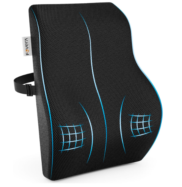 Fovera ergonomic black gel infused memory foam backrest for car seats showing large wedge profile and breathable mesh cover