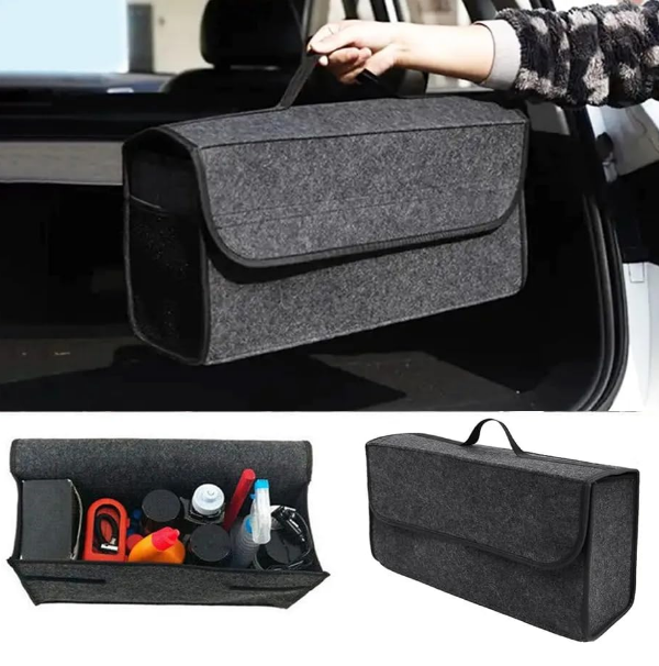 JVCV large collapsible felt car trunk boot organizer in dark grey showing expandable twin compartments and a detachable velcro lid