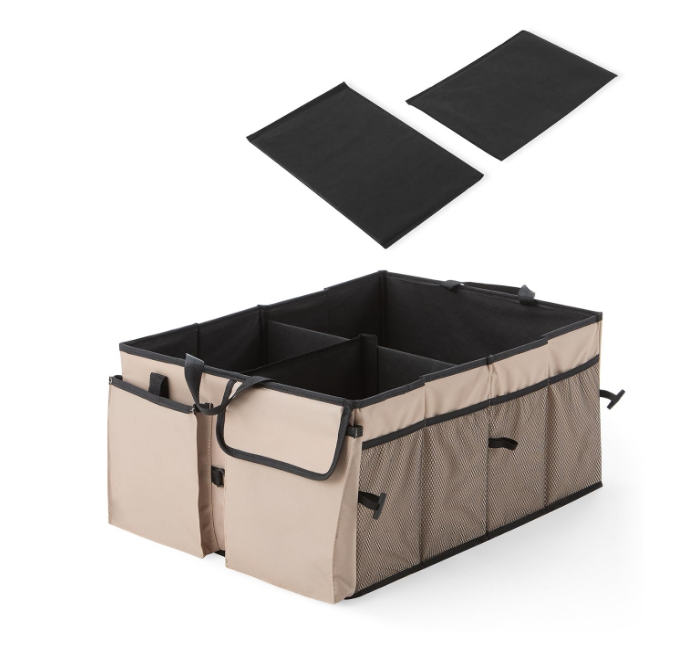 Amazon Basics heavy duty 600D oxford fabric car boot organizer in black with beige trim featuring three rigid compartments and front mesh pockets