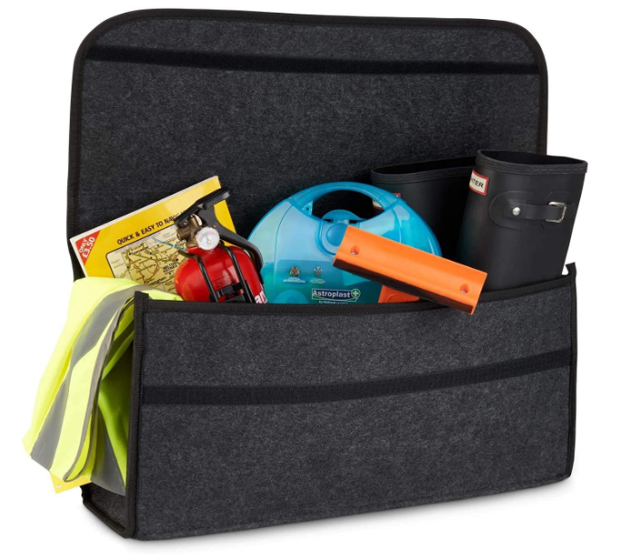 House of Quirk open top thick felt car trunk organizer caddy bag showing a wide mouth utility layout and reinforced top carrying handle