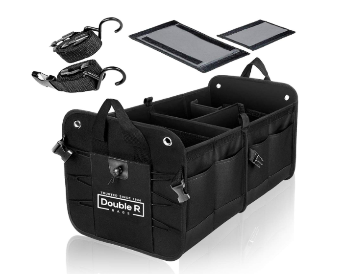 Double R Bags collapsible waterproof polyester car trunk organizer box showing four large interior compartments and robust side handles