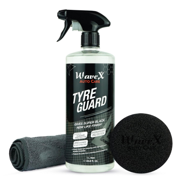 WaveX Tyre Guard liquid bottle next to its included black foam applicator pad on a clean surface