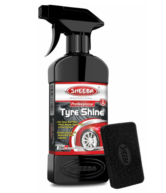 Sheeba Tyre Shine polish spray bottle pack with its accompanying soft sponge applicator block