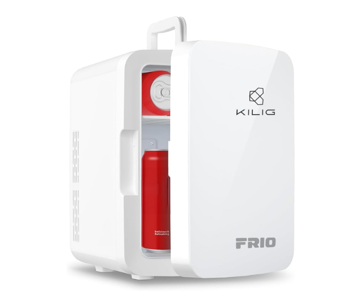 Kilig Frio white 10L mini fridge showing the front door with its integrated digital LED temperature readout screen and control panel button interface