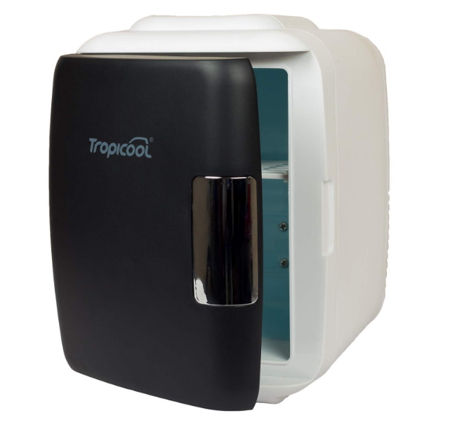 Tropicool Thermoelectric PortaChill 5L mini fridge in a matte black finish with its door open showing the compact interior storage shelf