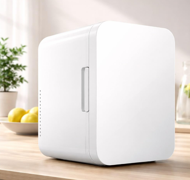 Avira Premium compact 8L mini lifestyle refrigerator with a sleek retro-inspired design and front door securing latch mechanism