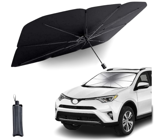 Silver-coated universal fit car windshield umbrella sunshade with an alloy steel frame unfolded inside a car cabin.