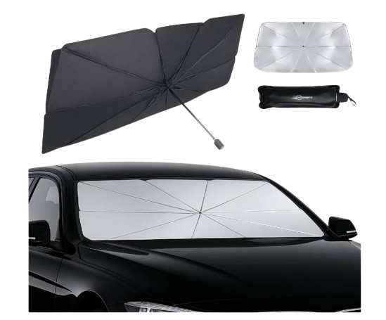 Premium high-density titanium silver car front window sunshade completely covering the windshield of a mid-sized SUV.