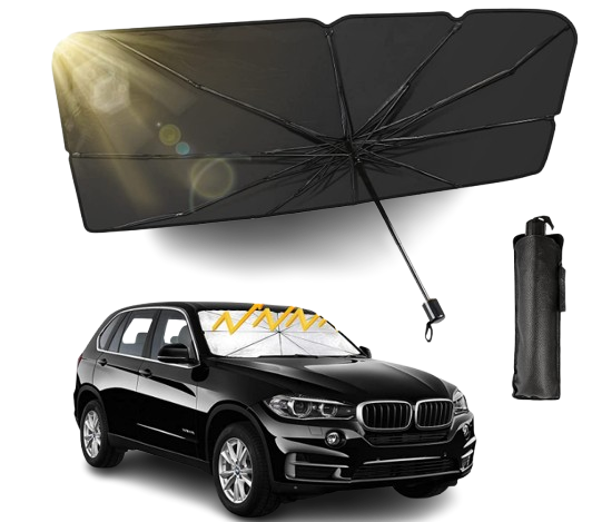 Large format umbrella-style car windshield sunshade with a reflective peptide coating blocking bright sunlight.