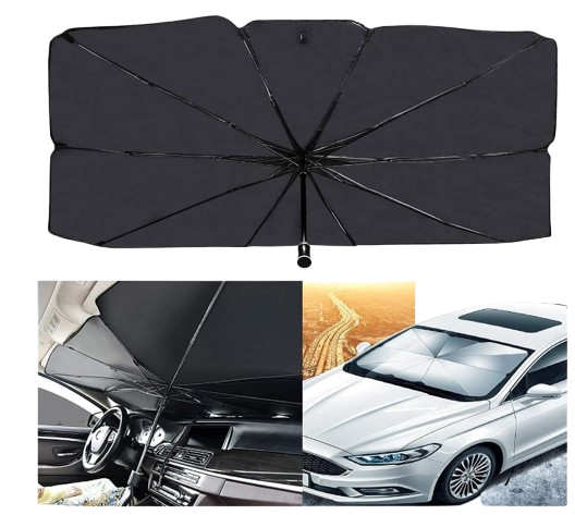 Foldable car windshield umbrella sunshade showing the top split cutout and Velcro design wrapped securely around a rearview mirror stem.