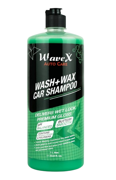 WaveX Car Shampoo Wash and Wax 1L bottle on a car hood showing a glossy wet look shine finish.