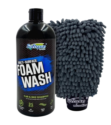 SOFTSPUN 1L car wash liquid shampoo bottle next to a heavy 1700 GSM double sided grey microfiber wash glove.