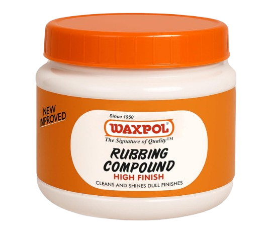 Waxpol High Finish 500g tub showcasing the best rubbing compound for cars in India for deep clear coat scratch leveling.