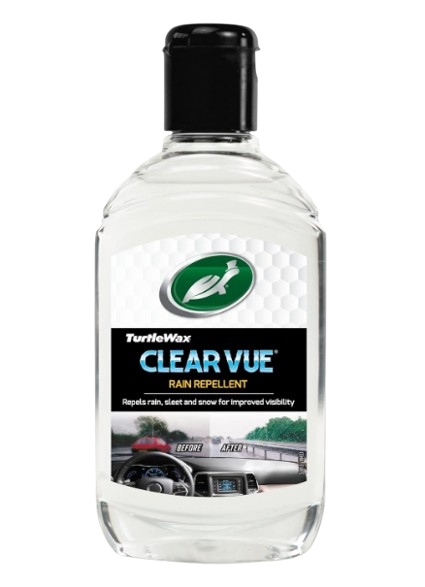 Turtle Wax Clearvue rain repellant bottle applied to an exterior windshield as the best car glass cleaner in India alternative for monsoon water beading.