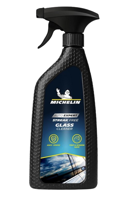 Michelin citrus-infused spray clearing an oily windshield film to prove it ranks as the best car glass cleaner in India for fast evaporation.