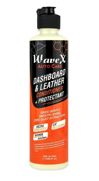 WaveX Dashboard Polish and Leather Conditioner 350ml bottle being applied to a car interior console for a non-greasy natural showroom shine.