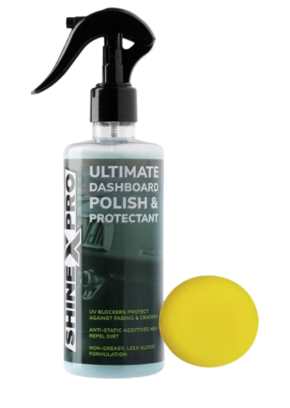 ShineXPro Dashboard Polish for Car Interior with applicator sponge showing low-glare matte finish protection under direct sunlight.