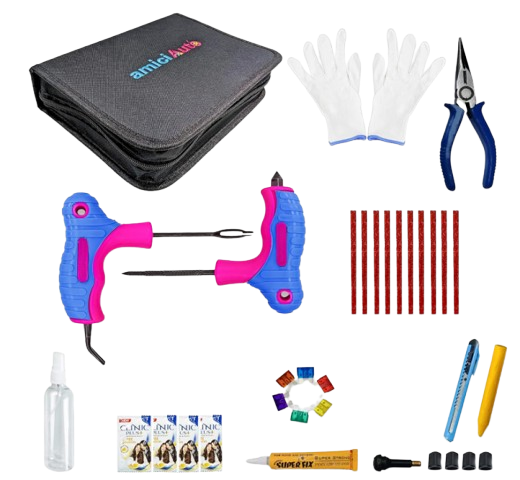 amiciAuto universal tubeless tyre puncture repair kit tools laid out next to a premium black nylon storage bag showing 2-in-1 reamer probe handles, nose pliers, and replacement fuses.
