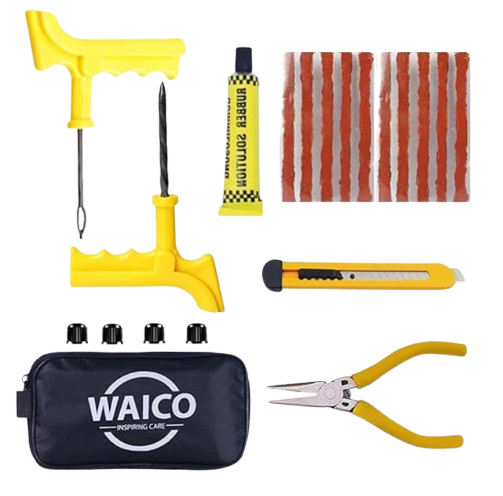 WAICO 6-in-1 universal tubeless tyre puncture kit display featuring essential emergency tools including long nose pliers, a trimming knife, and sticky repair strips in an organized canvas bag.