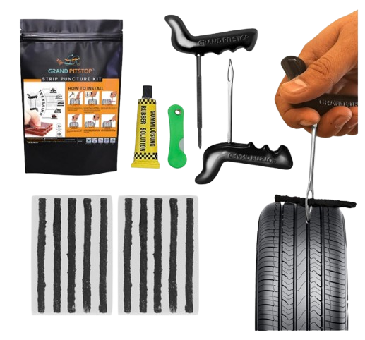 GRAND PITSTOP universal tubeless tyre puncture kit showcasing heavy-duty rustproof zinc alloy T-handle tools and natural rubber repair plugs in a premium protective carry case.