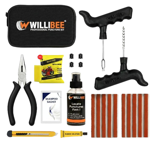 WILLIBEE 11-in-1 heavy duty tubeless tyre puncture repair kit showcasing high-strength metal reamer probe tools and heat-resistant premium rubber strips next to its compact storage pouch.