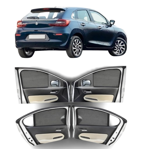 (Autofact Side Window Sunshades): Black breathable cotton mesh fix-type car window sunshades custom fitted into the side window frames of a premium hatchback for UV ray shielding.