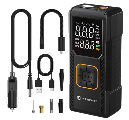 (Portronics Vayu 9.0 Tyre Inflator): Compact black portable digital tire inflator with a bright LED display panel, interchangeable air nozzles, and a Type-C charging port showing emergency roadside readiness.
