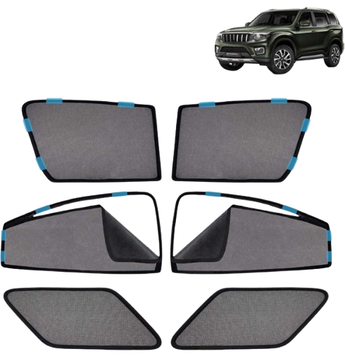 A set of custom-fit black cotton mesh car window sunshades with a half-cut front design and zippered rear panels installed onto the door frames of a rugged SUV.